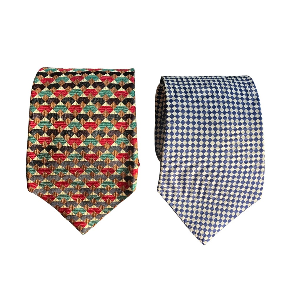 LOT OF 2, Paul Fredrick ITALIAN SILK NECK TIE Navy/White Check FALL COLORS GEO